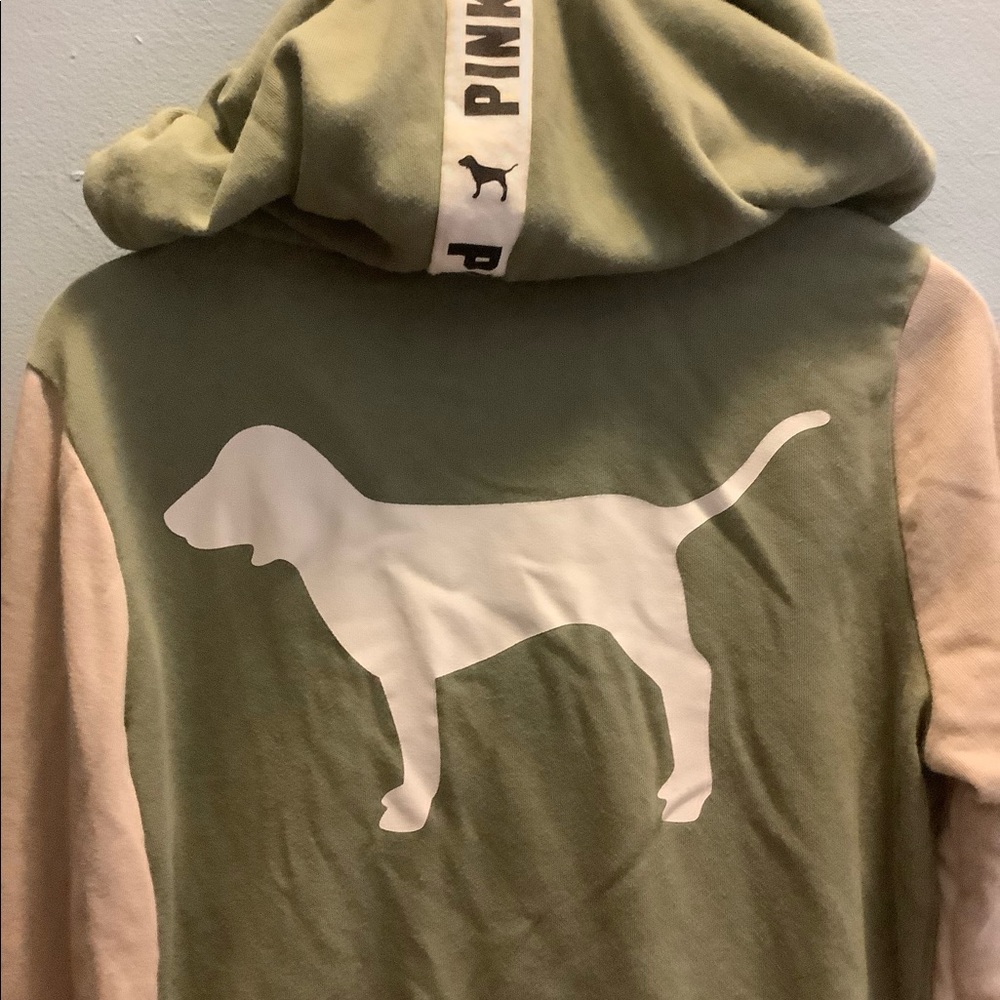 PINK green and tan zip up sweater